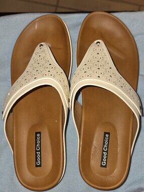 Good Chic Cream Laser-Cut Thong Sandals with Tan Footbed
